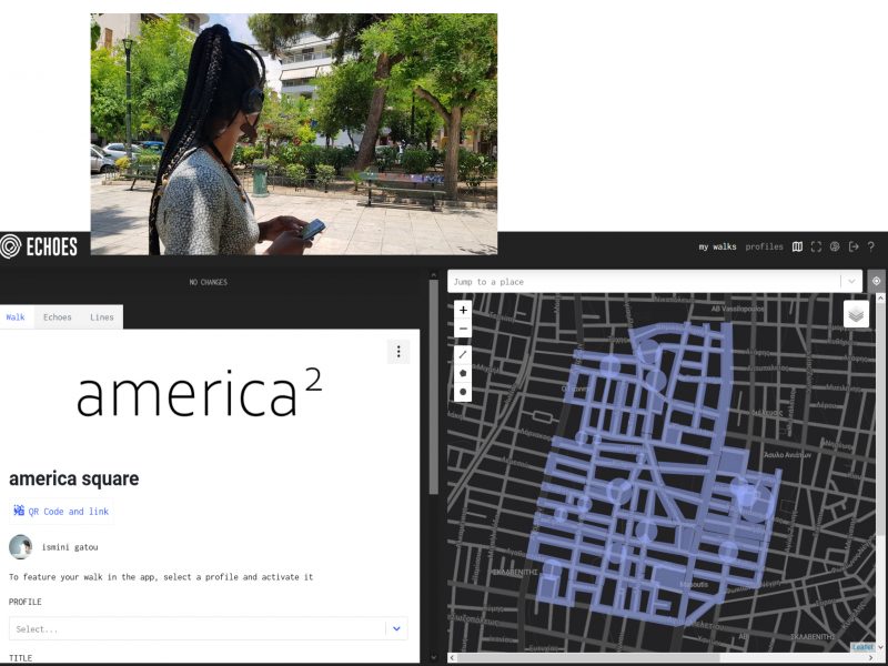 america² | 2021 | έως 300’, χωρικές διαστάσεις ποικίλουν | ηχητική χαρτογράφηση, τεχνολογία γεω-εντοπισμού, ηχητική σύνθεση | αστικό ηχοτοπίο, προφορική αφήγηση