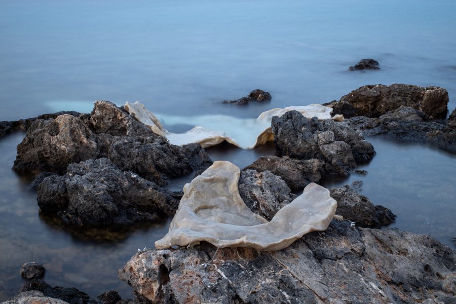 Tender shell geophilia, 2022 (Επιτόπια διαδραστική εγκατάσταση, μεγάλης κλίμακας, σε συνεργασία με την Ιλεάνα Αρναούτου), Πολυεστέρας, υαλούφασμα, ανοξείδωτο ατσάλι