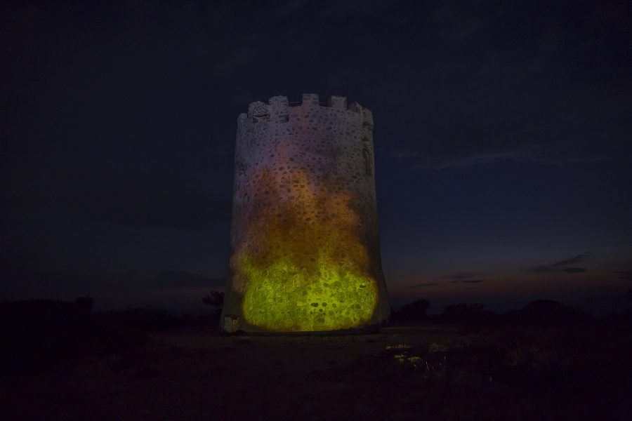 Untitled, Serapis Maritime, Video projection on Vigla Pachi, Chios Island, 2022. Photo by Thanassis Gatos. Courtesy of the artist and DEO projects
