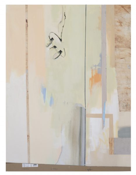 Waiting Room, 2022, 120 × 160 εκ., λάδι, ακρυλικό, γκέσο, χαρτί και καρφιά σε καμβά