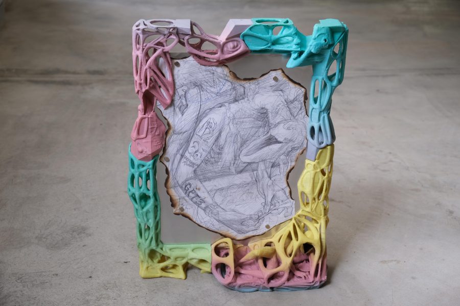 P.S. The Only Thing I Overlook Is The Park, 2021, 68 x 42εκ., σχέδιο με 3d printed κορνίζα, πλαστικό PLA, μολύβι, χαρτί, λαμαρίνα, μαγνήτες
